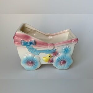 Vintage Ceramic Baby Carriage Planter - Pink, Blue, Yellow